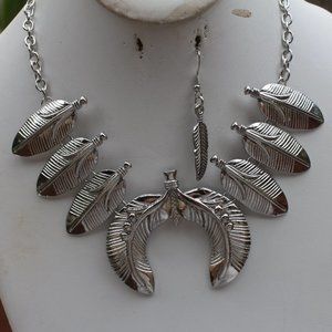 Silver Plated Feather Squash Blossom Necklace & Earring Set